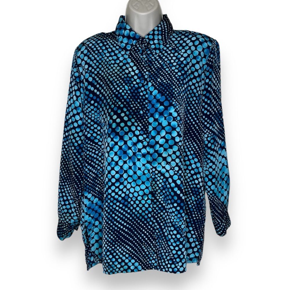 Vintage Liz Baker Black Turquoise Polka Dot Button Front Blouse Women Small